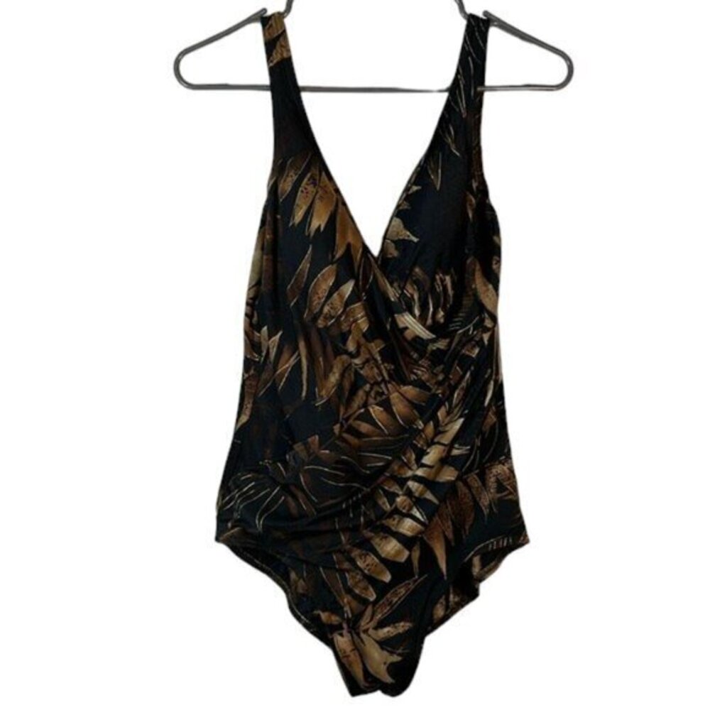 Vintage Miraclesuit Brown Black Swimsuit V-Neck Tropical Size 14 EUC #1329-AZ